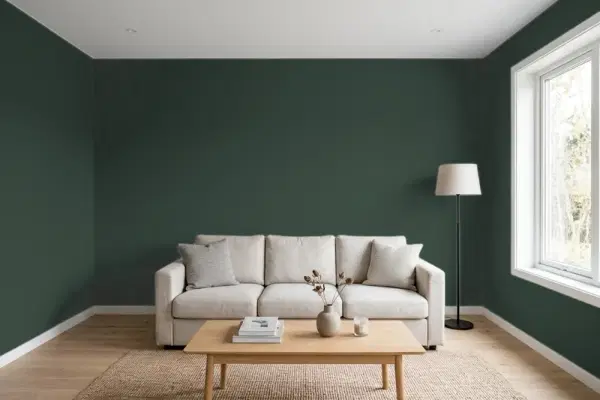 Living room with walls painted Sherwin-Williams Roycroft Bottle Green SW 2847 (simulated)