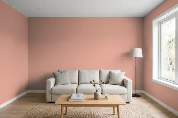 Living room with walls painted Sherwin-Williams Roycroft Rose SW 0034 (simulated)
