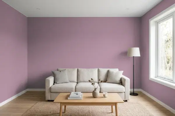 Living room with walls painted Sherwin-Williams Ruby Violet SW 9076 (simulated)