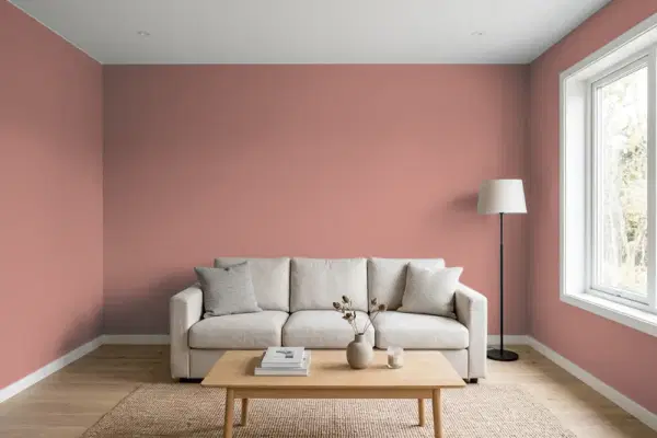 Living room with walls painted Behr Rum Spice 160F-5 (simulated)
