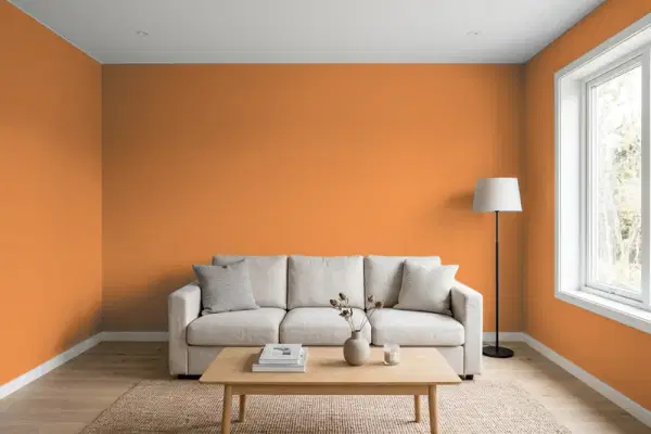 Living room with walls painted Behr Rumba Orange M230-7 (simulated)