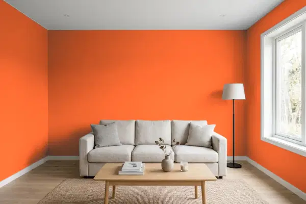 Living room with walls painted Benjamin Moore Rumba Orange 2014-20 (simulated)