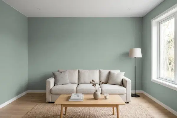 Living room with walls painted Benjamin Moore Rushing River 1574 (simulated)