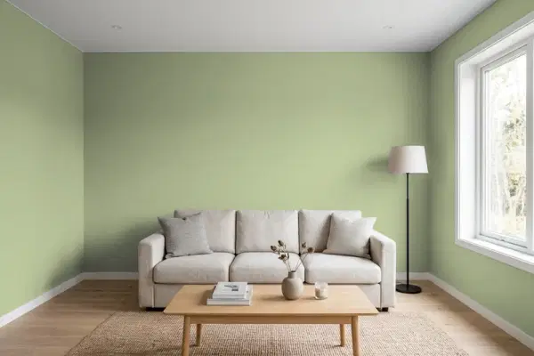 Living room with walls painted Benjamin Moore Russell Green CW-495 (simulated)