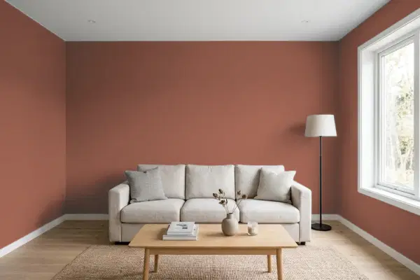 Living room with walls painted Valspar Rusted Earth 2002-7A (simulated)