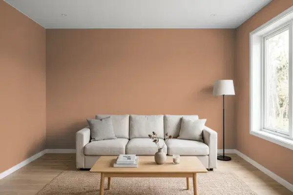 Living room with walls painted Valspar Rustic Oak 2007-7B (simulated)