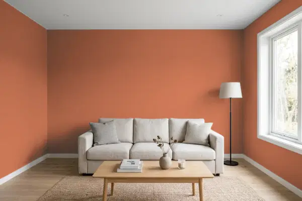 Living room with walls painted Behr Rusty Gate M200-7 (simulated)