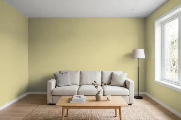 Living room with walls painted Behr Ryegrass 390F-5 (simulated)