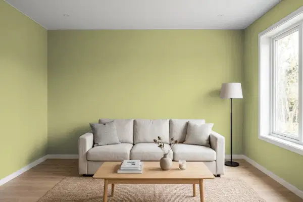 Living room with walls painted Sherwin-Williams Ryegrass SW 6423 (simulated)