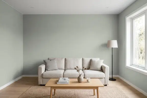 Living room with walls painted Benjamin Moore Sabre Gray 1482 (simulated)