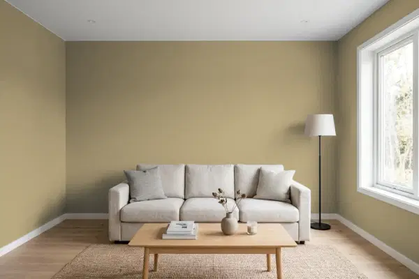 Living room with walls painted PPG Paints Saddle Soap 1102-5 (simulated)