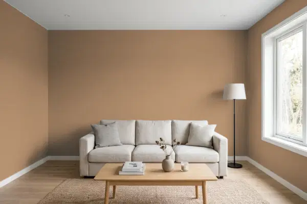 Living room with walls painted Behr Safari Brown BXC-08 (simulated)