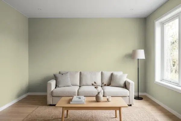 Living room with walls painted Behr Sage Wisdom MQ6-27 (simulated)