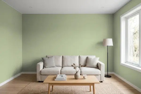 Living room with walls painted Behr Sagey 420F-4 (simulated)