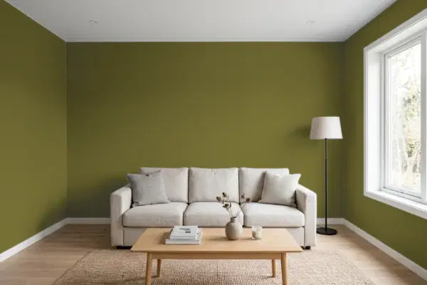 Living room with walls painted Sherwin-Williams Saguaro SW 6419 (simulated)