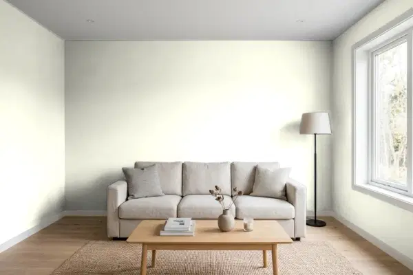 Living room with walls painted PPG Paints Sail Cloth 1213-1 (simulated)