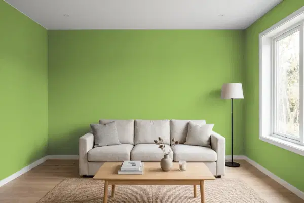Living room with walls painted Behr Salamander P370-6 (simulated)