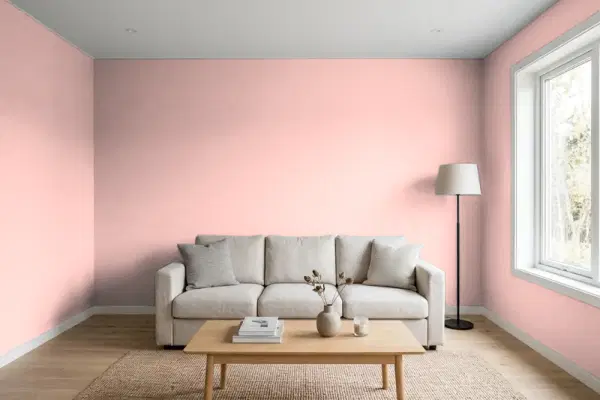 Living room with walls painted Benjamin Moore Salmon Berry 2089-50 (simulated)
