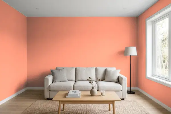 Living room with walls painted Benjamin Moore Salmon Run 019 (simulated)