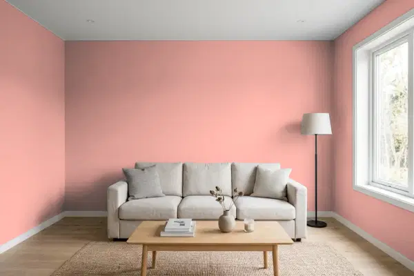 Living room with walls painted Valspar Salmon Run 2002-6B (simulated)