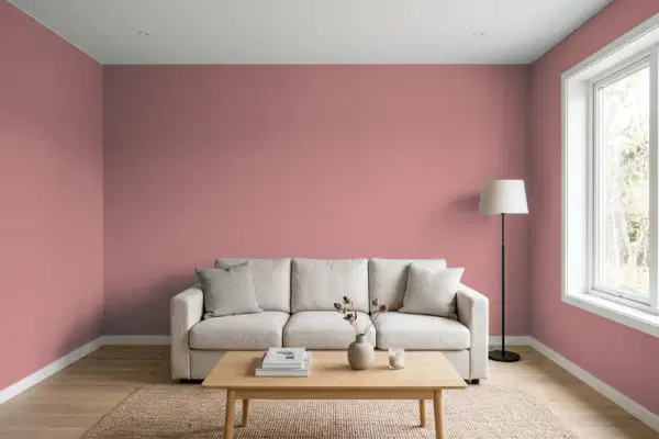 Living room with walls painted Sherwin-Williams Salon Rose SW 0061 (simulated)