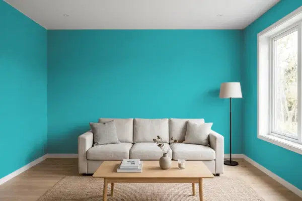Living room with walls painted Benjamin Moore San Jose Blue 741 (simulated)