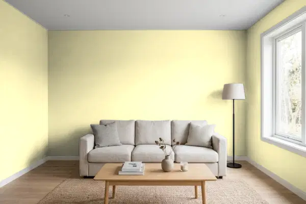 Living room with walls painted Benjamin Moore San Pedro Morning 366 (simulated)