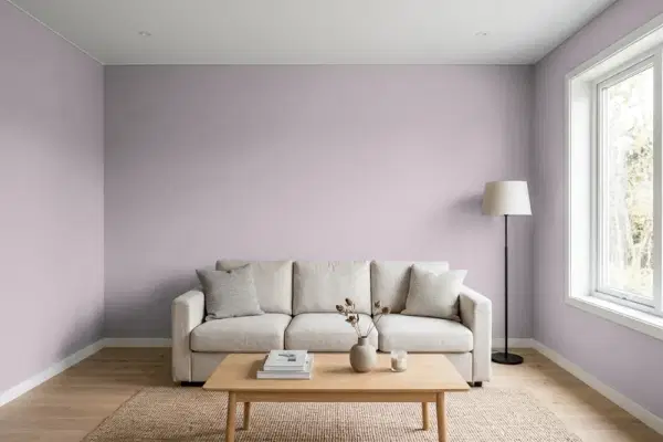 Living room with walls painted Benjamin Moore Sanctuary AF-620 (simulated)