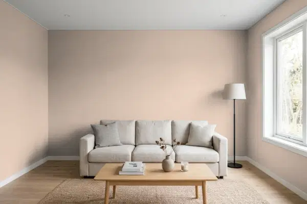 Living room with walls painted Sherwin-Williams Sand Dune SW 6086 (simulated)