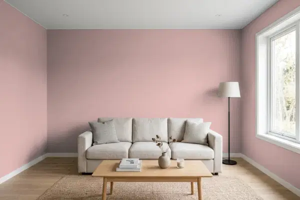 Living room with walls painted Benjamin Moore Sandblast 2103-50 (simulated)