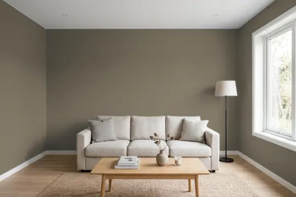 Living room with walls painted Behr Sandwashed Driftwood 770D-6 (simulated)