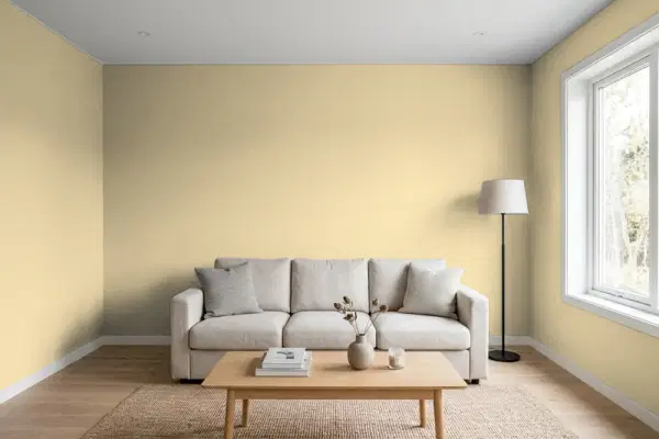 Living room with walls painted PPG Paints Sandy Pail 1104-4 (simulated)