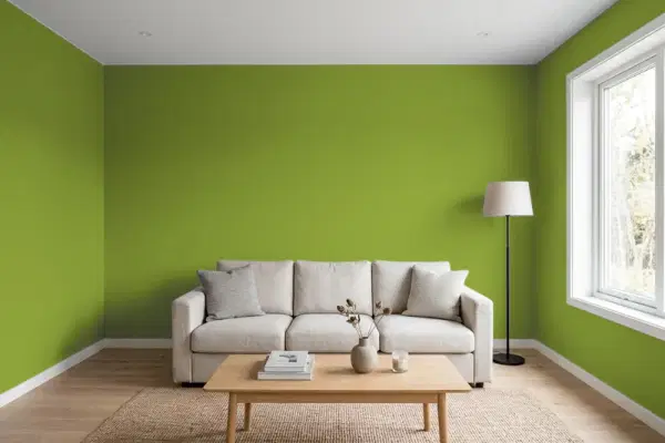 Living room with walls painted Behr Sassy Grass P360-7 (simulated)