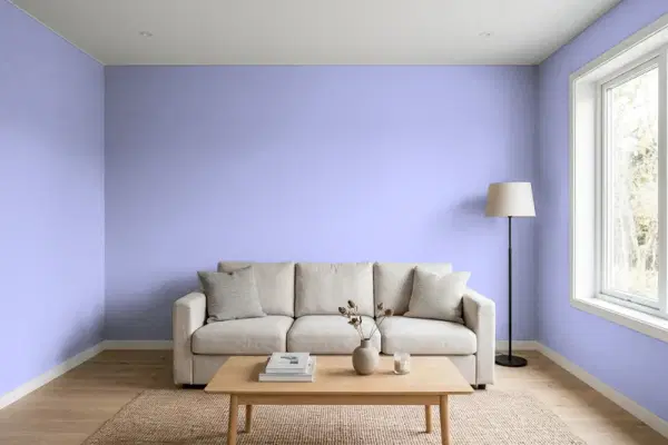 Living room with walls painted Valspar Sassy Violet 4004-10A (simulated)