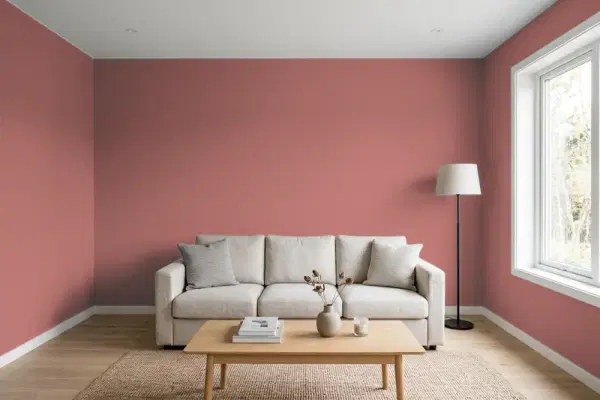 Living room with walls painted Valspar Savannah Red 1008-7B (simulated)