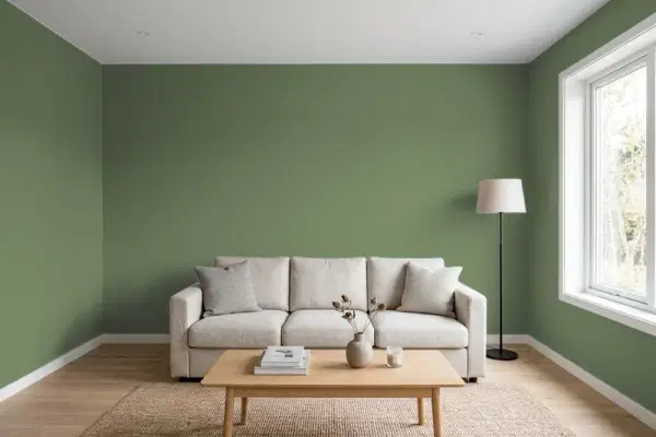 Living room with walls painted Behr Scallion PPU10-01 (simulated)
