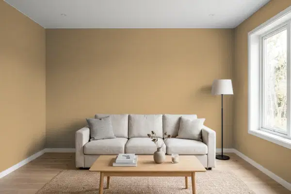 Living room with walls painted Benjamin Moore Scarecrow 1041 (simulated)