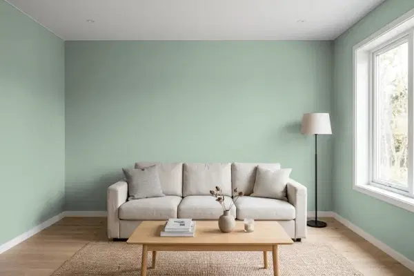Living room with walls painted Benjamin Moore Scenic Drive 697 (simulated)