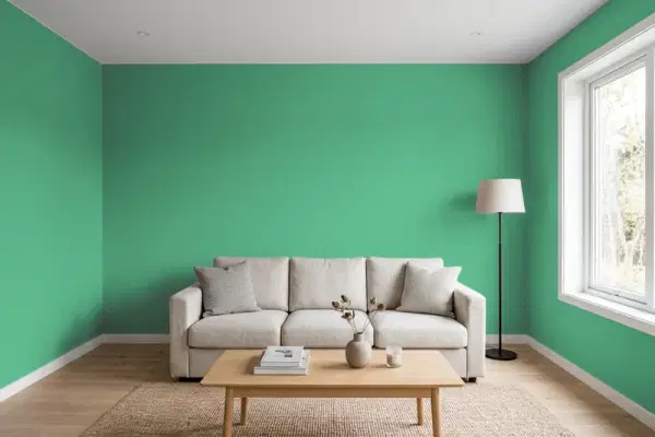 Living room with walls painted Benjamin Moore Scotch Plains Green 587 (simulated)