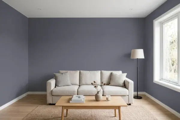 Living room with walls painted Behr Script Ink N540-6 (simulated)