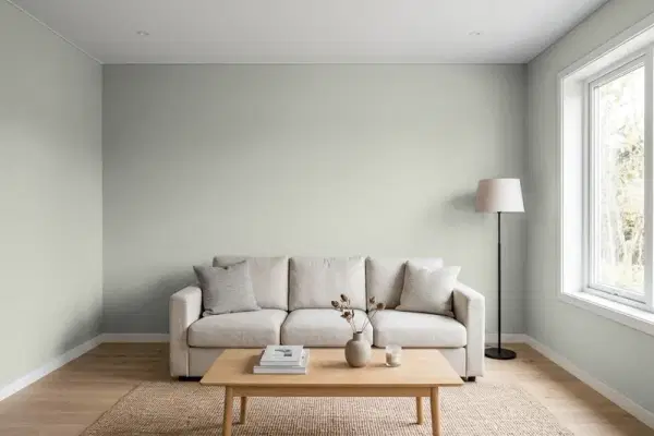 Living room with walls painted Benjamin Moore Sea Haze 2137-50 (simulated)
