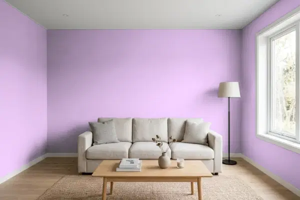 Living room with walls painted PPG Paints Sea Lavender 1250-4 (simulated)