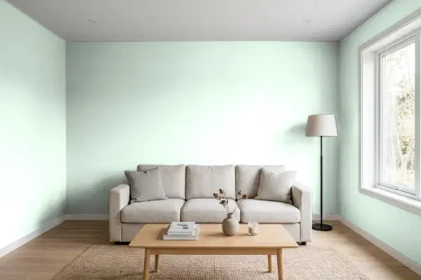 Living room with walls painted PPG Paints Sea Mist 1227-1 (simulated)