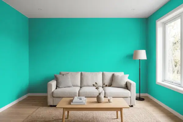 Living room with walls painted Benjamin Moore Sea of Green 657 (simulated)