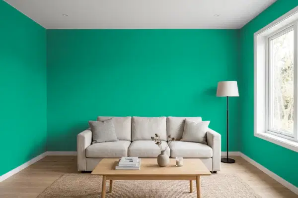 Living room with walls painted Valspar Sea Swell 5008-10C (simulated)