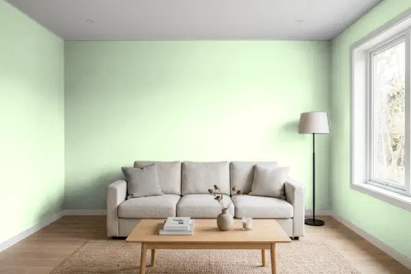 Living room with walls painted Behr Seafoam Spray 430A-2 (simulated)