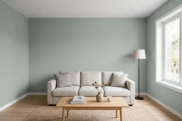 Living room with walls painted Valspar Seafoam Storm 5002-1C (simulated)