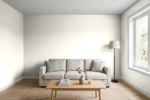Living room with walls painted Benjamin Moore Seapearl OC-19 (simulated)
