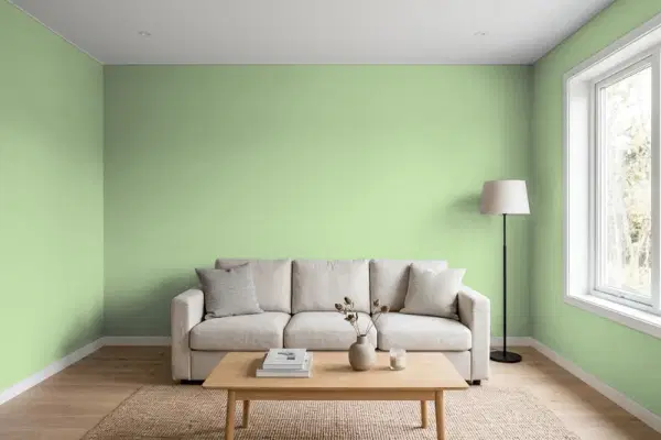 Living room with walls painted Sherwin-Williams Seawashed Glass SW 9034 (simulated)