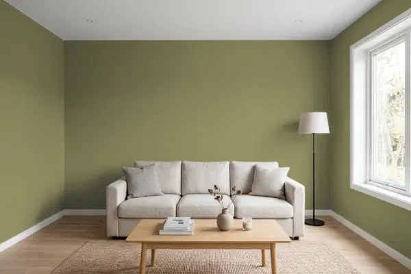 Living room with walls painted Behr Seaweed Salad S370-6 (simulated)